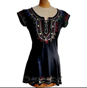 Vintage 90s Betsey Johnson Mini Dress With Colorful Embroidery S Black Folkloric